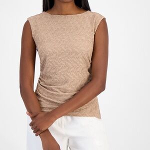 Bar III Beige Textured Cap-Sleeve Top